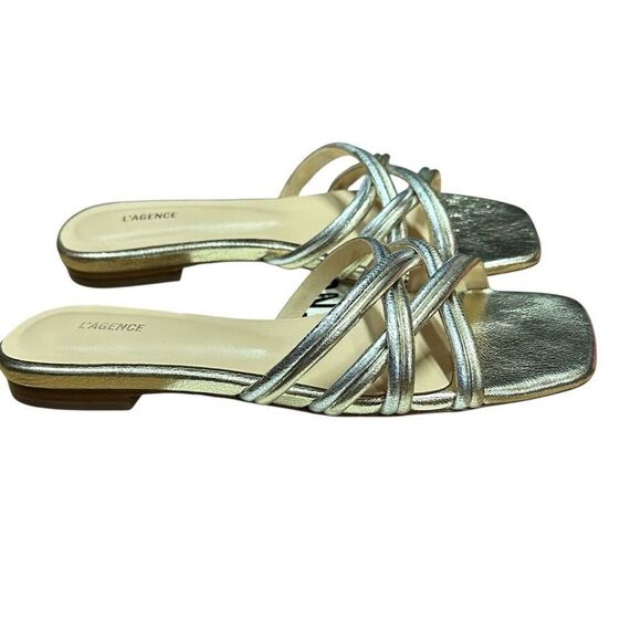 L’agence Abelle Flat Sandal in Gold/Silver Crackle NWB Size 8 - Picture 5 of 10